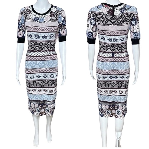 Parker Carol Crochet Flowers Bodycon Short Sleeve Knit Midi  Dress Size Small - Picture 8 of 9